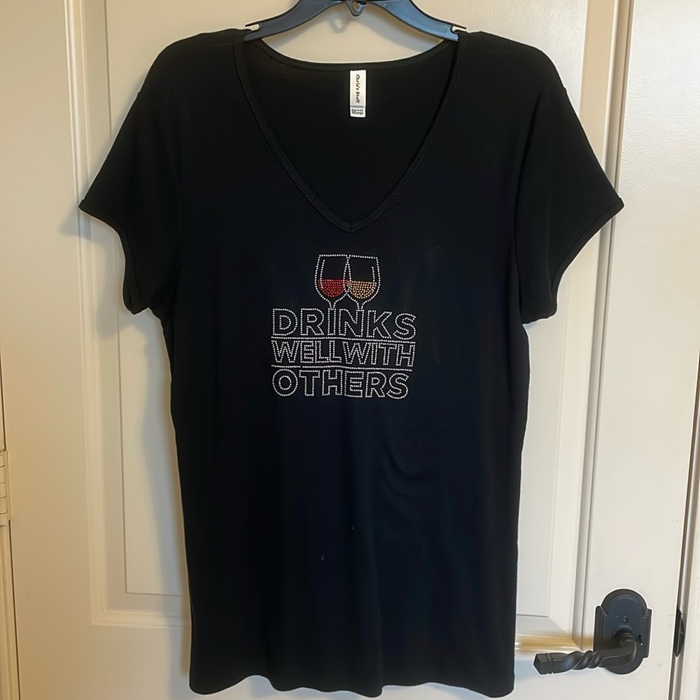 Wine Rhinestone Bling Tee Drinks Well With Others - Size Large/ XL